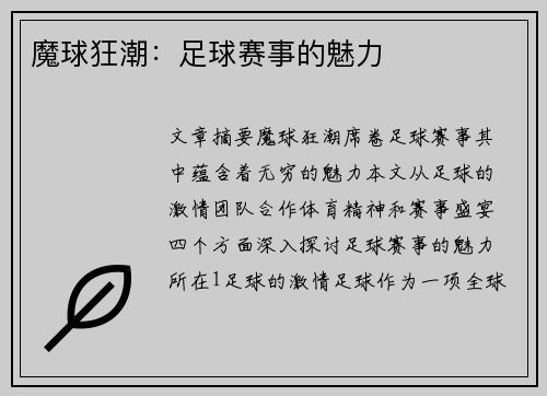 魔球狂潮：足球赛事的魅力
